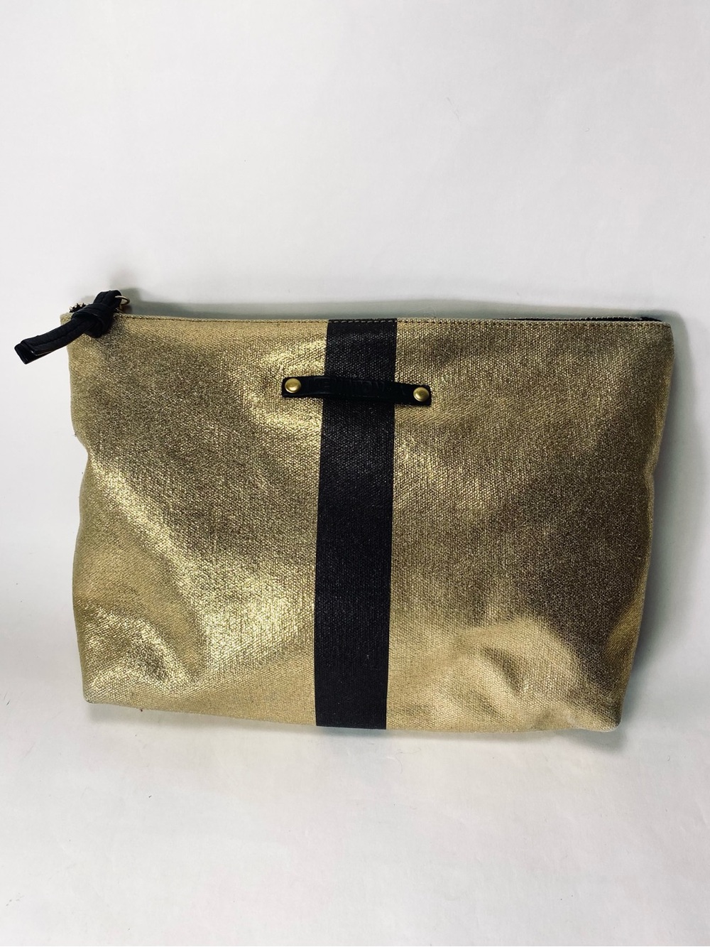 Kempton & Co. Metallic Gold Canvas Black Striped Zipper Makeup Pouch Case